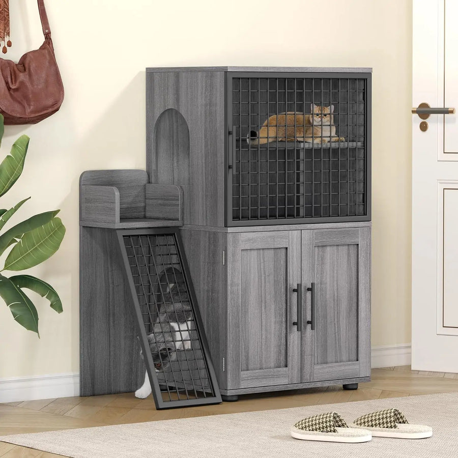 Cat Litter Box Enclosure with Platform, Double Layer Cat Litter Hidden Furniture, Hidden Cat Litter Box Enclosure