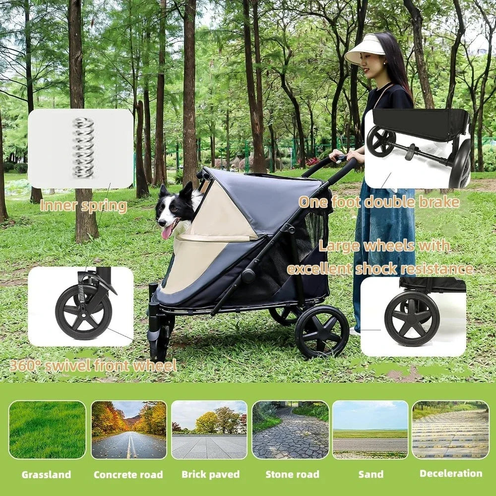 For Medium/Large Dogs 4 Wheel Pet Stroller Foldable Dog Stroller for with Storage Pocket Suitable for Pets up to 110LBS