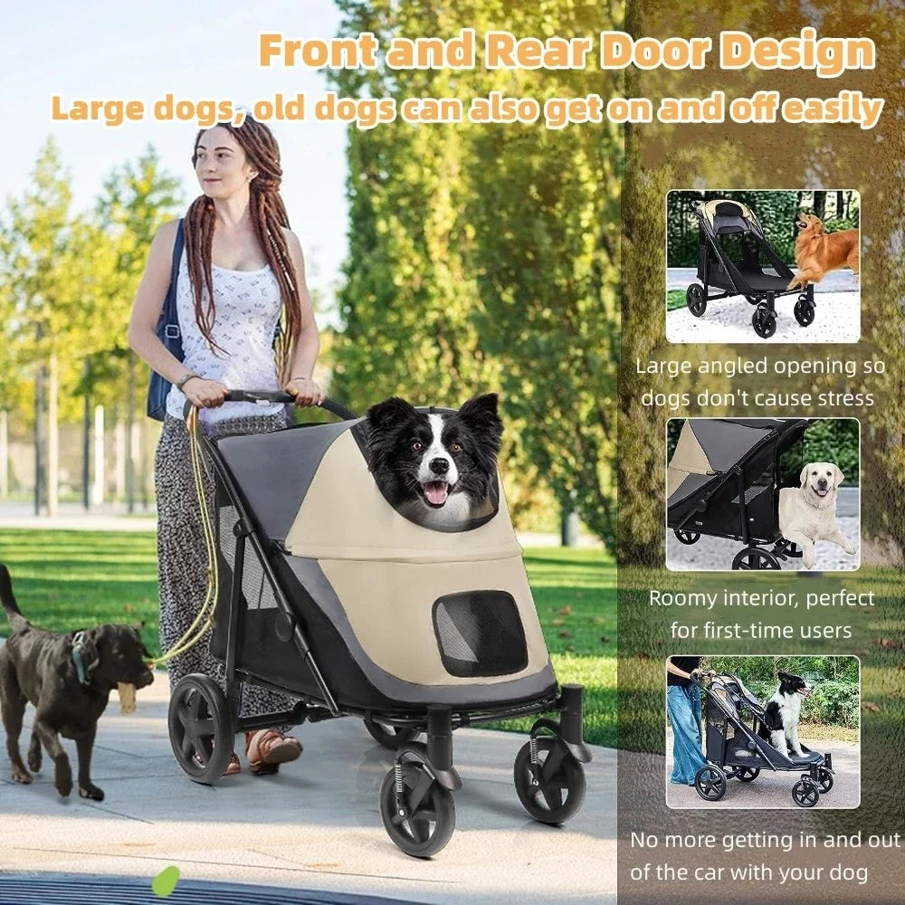 For Medium/Large Dogs 4 Wheel Pet Stroller Foldable Dog Stroller for with Storage Pocket Suitable for Pets up to 110LBS