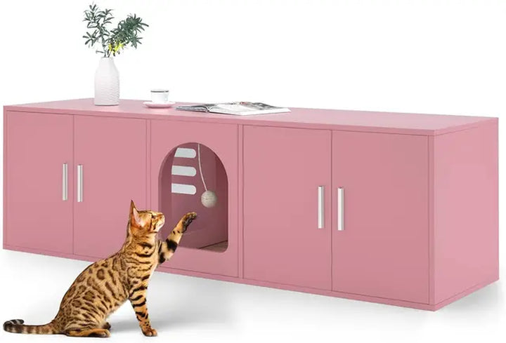 Litter Box Enclosure for 2 Cats, Cat Litter Box Enclosure Furniture with Double Room, Wooden Litter Box Furniture with Cat Door