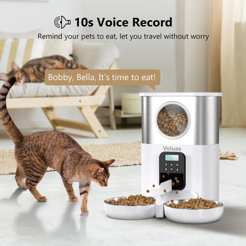 VOLUAS Automatic Cat Feeders for Two Cats, Pet Feeder for Cats and Dogs Timed Cat Feeder Pet Dry Food Dispenser, White