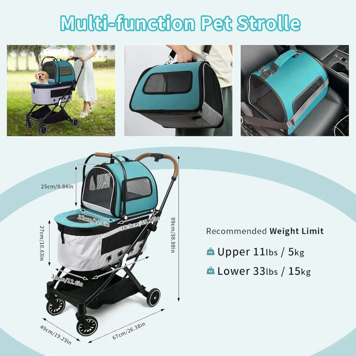 Two Person Pet Stroller with 4 Detachable Wheels, Capable of Disassembling 2 Dogs for Outdoor Walks, and Able to Lock 2 Cats