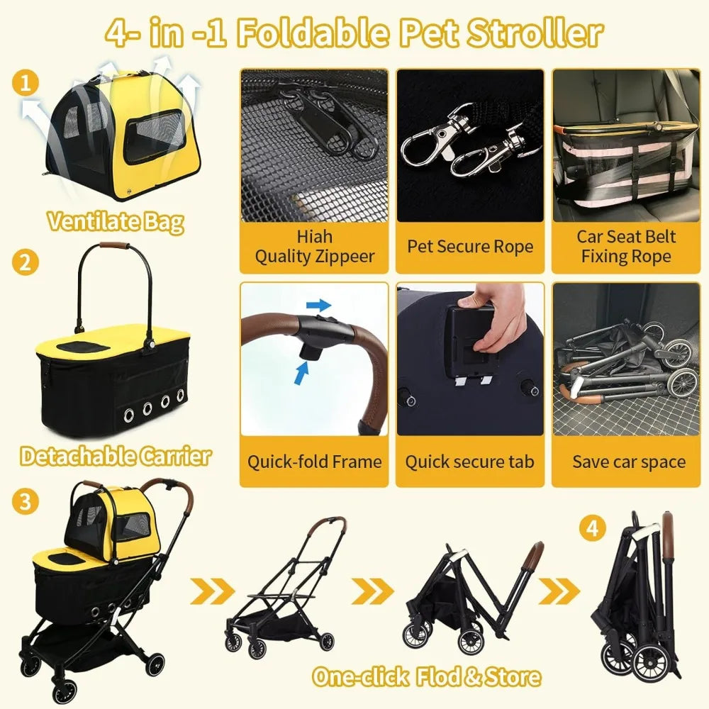 Two Person Pet Stroller with 4 Detachable Wheels, Capable of Disassembling 2 Dogs for Outdoor Walks, and Able to Lock 2 Cats