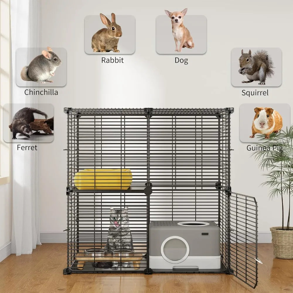 Indoor Cat Cage 2 Tier Kitten Cage House Cat Enclosure Outdoor Small Animal DIY Pet Playpen Detachable Metal Kennel