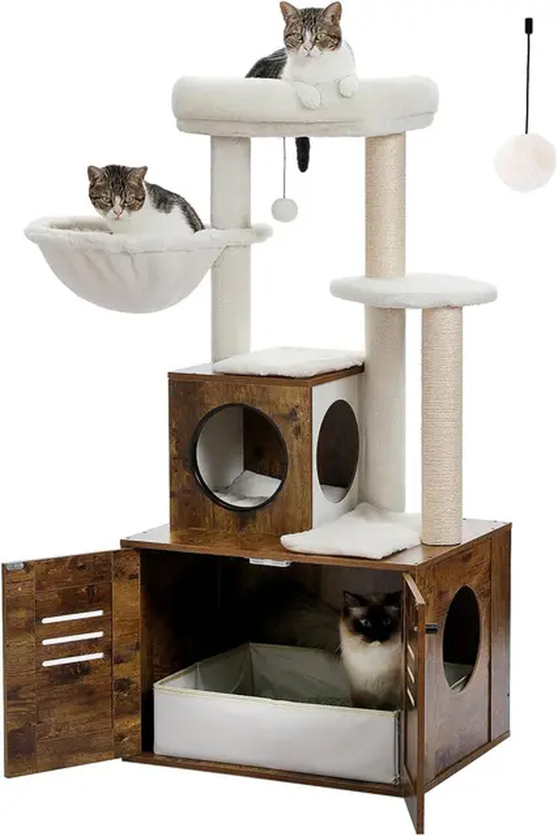 MUTTROS Cat Tower Large Cat Tree with Foldable Litter Box, 50" Rustic Brown