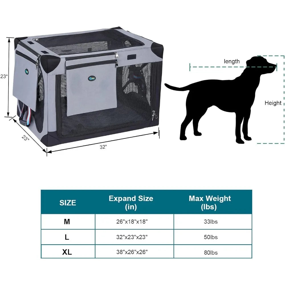 Ownpets Collapsible Dog Crate 32 Inch Portable Travel Dog Soft Crate with Detachable Storage Bag and Double-Sided Mat, 3-Door Do