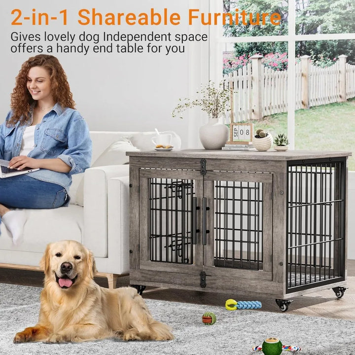 Lulive Dog Crate Furniture, Dog Kennel Indoor Double Doors Wooden Dog Cage, 33'' Heavy Duty Crate with Cushion & Wheels