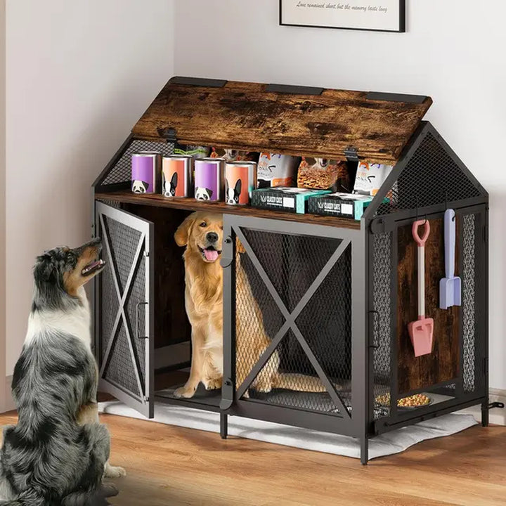 Dog Crate Furniture, Dog Kennels with Storage, Heavy Duty House Style Dog Pet Home with Two Doors Carpet and Bowls, Re