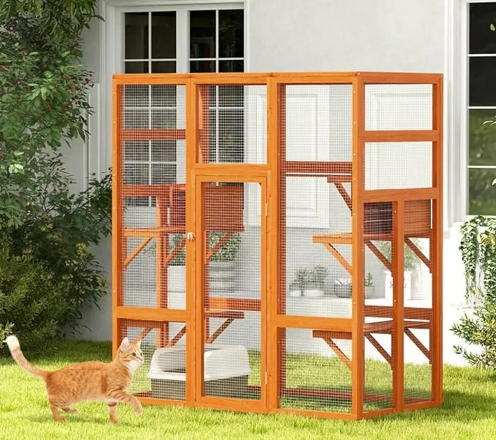 Large Cat House Outdoor Catio Cat Play Run Enclosures Indoor Kitty Window Cage with Waterproof Roof 7 Platforms 2 Resting Box