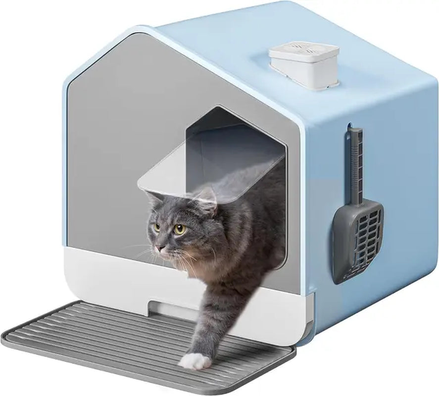 Enclosed Cat Litter Box with Mat and Litter Scoop, Odorless Anti-Splashing XL Covered Hooded Cat Box, No Installation Needed