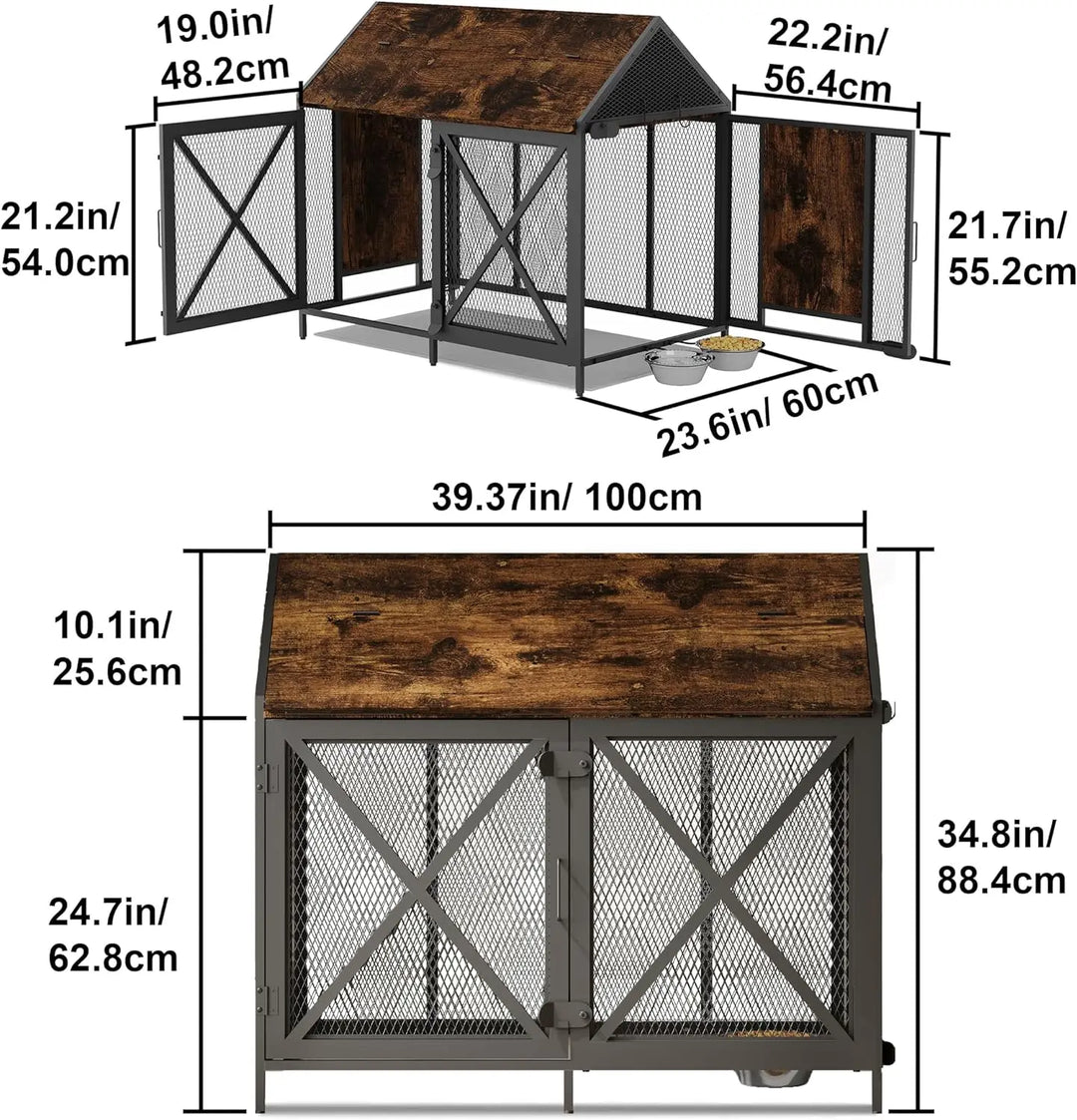 Dog Crate Furniture, Dog Kennels with Storage, Heavy Duty House Style Dog Pet Home with Two Doors Carpet and Bowls, Re