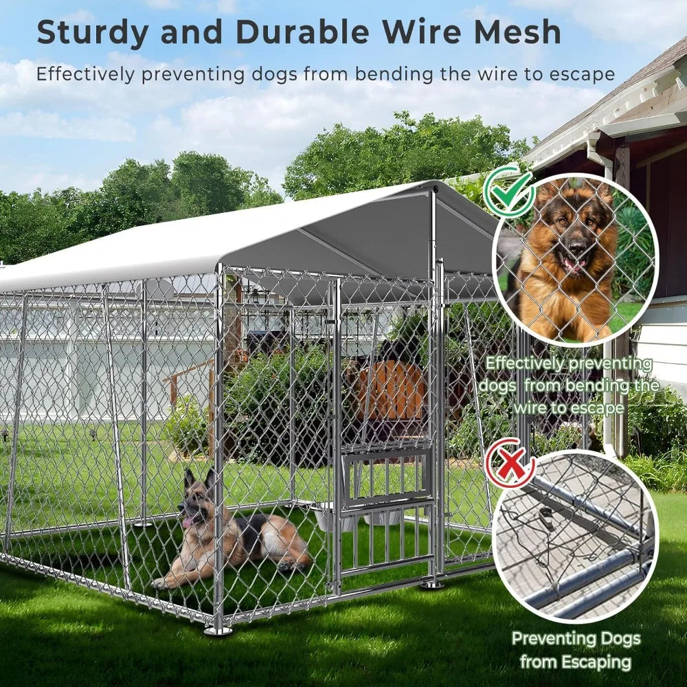 7.5 X 7.5 X 5.6 Ft. Outdoor Dog House with Roof and Bowl,Large Dog House Fence with Side Rails, Heavy-Duty Chain Link Dog House