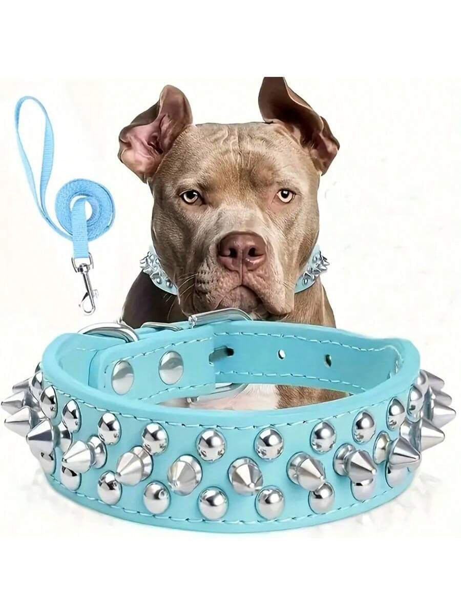 Spiked Dog Collar and Leash Set, Rivet Leather Dog Collar Adjustable Dog Collar for Outdoor Walking