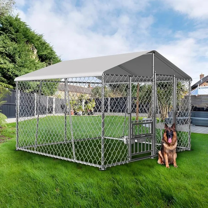 7.5 X 7.5 X 5.6 Ft. Outdoor Dog House with Roof and Bowl,Large Dog House Fence with Side Rails, Heavy-Duty Chain Link Dog House