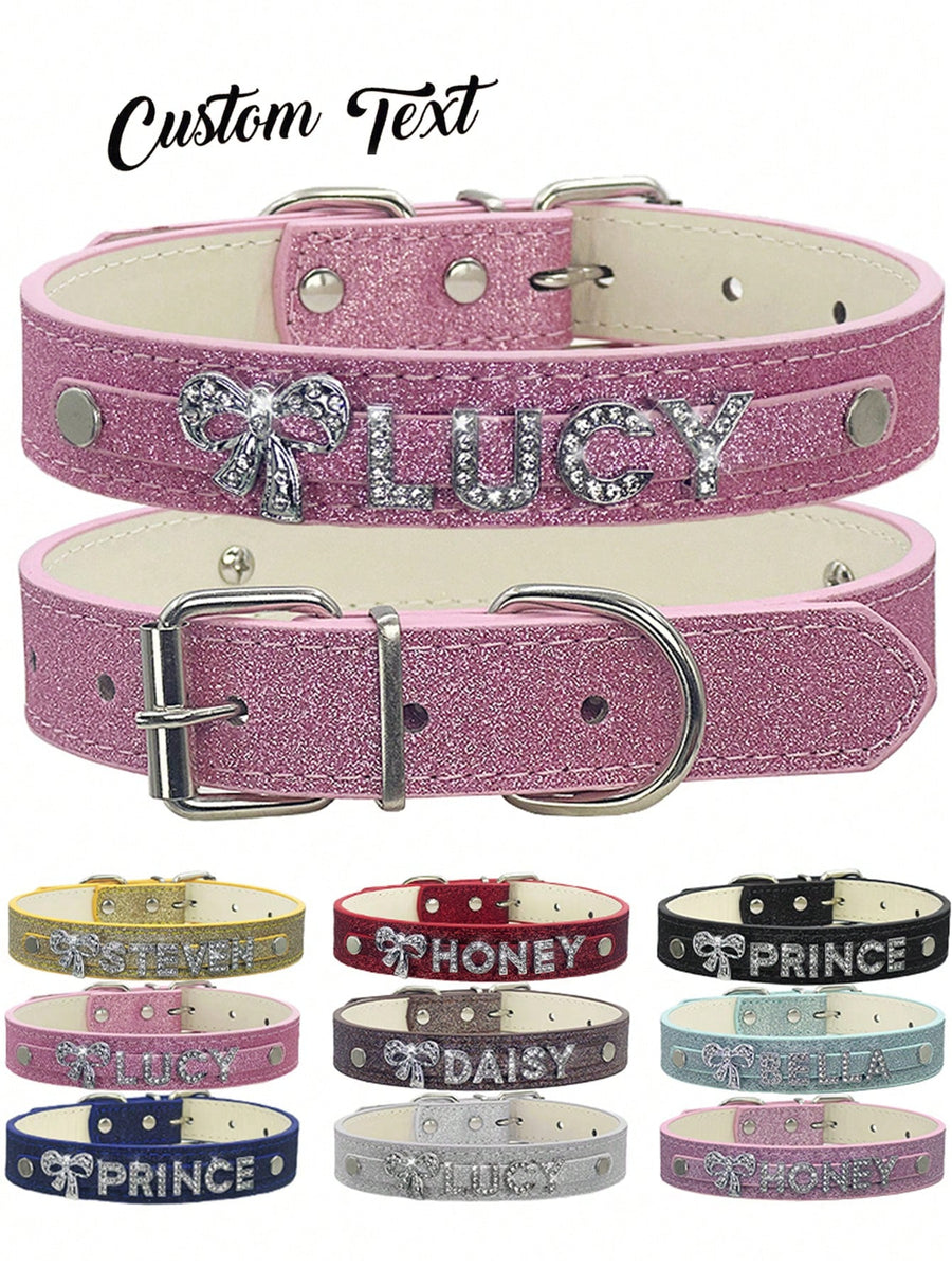 Personalized Dog Collar PU Leather Puppy Cat ID Collars with Rhinestone ID Name, Customized Dog Pendant Tag Decoration - Accessory for Small Medium and Large Dogs