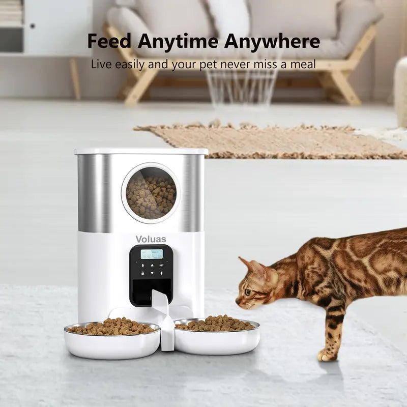 VOLUAS Automatic Cat Feeders for Two Cats, Pet Feeder for Cats and Dogs Timed Cat Feeder Pet Dry Food Dispenser, White